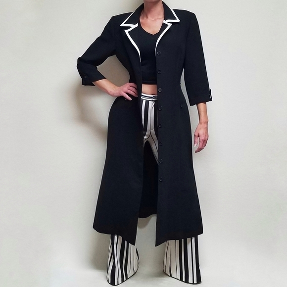 Vintage 80s Studio 1 Black White Trim Ruffle Hem Quarter Sleeve Trenchcoat Dress - Picture 2 of 13